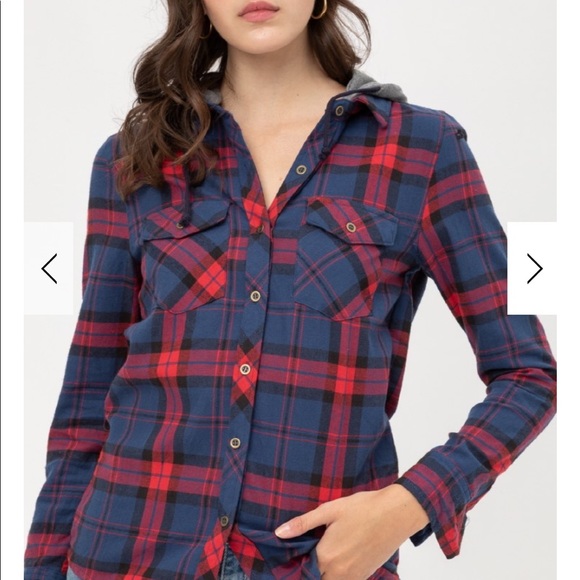 SCOTLAND Blue Plaid Flannel Button Down w Hood - Picture 8 of 9